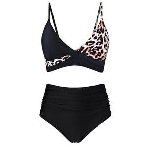 Amy Babe Women's High Waisted Bikini Sets Push Up Twist Front Spaghetti Straps Ruched Two Piece Swimsuit Bathing Suit Leopard Black, Size: Small