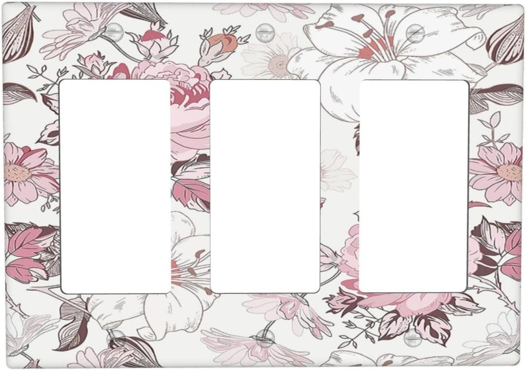 Light Switch Covers Modern Watercolor Flower Pink White Wildflower 3 Gang Rocker Electrical GFCI Decorative Triple Outlet Wall Plate Cover Switchplate for Bedroom Home Decor (Triple Rocker / 4.9 X 6.38 IN)