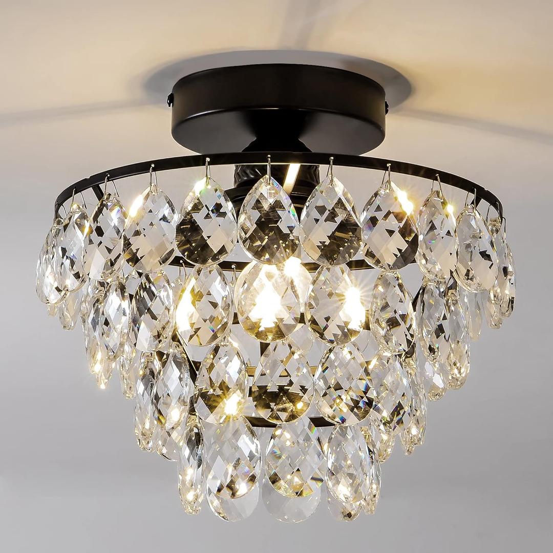 CM MZY Modern Small Crystal Ceiling Light Fixture, Matt Black Semi Flush Mount Ceiling Light Fixture, Mini Crystal Chandeliers for Hallway Bedroom Bathroom Closet Bedroom Foyer (Raindrop Flush Mount / Dia 9.8")