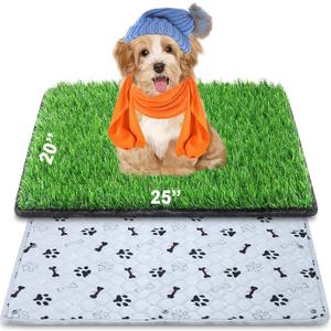 Dog Grass Mat with Pee Pad 20x25", Small Dog Litter Box Indoor Artificial Turf Grass Porch Waterproof Patio Potty Tray for Doggie Reusable Washable Pads and Lawn for Replacement for Puppy Training