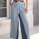 TARSE Womens Linen Wide Leg Pants Striped Drawstring Elastic Waist Loose Fit Summer Boho Casual Trendy Pants with Pockets (Blue, L)