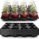 4 Inch 60 Pack Nursery Pots with Humidity Domes & 5 Pack 12 Cell Round Seedling Pot Carrying Trays, Sturdy Seeds Starter Pot Germination Set, Small Planter Nursery Propagation 5 Sets (Red + Black + Clear)