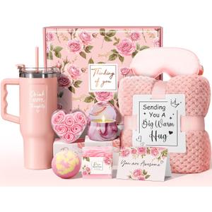 Birthday Gifts for Women Self Care Get Well Soon Gifts, Rose Relaxing Spa Gift Box Care Package Basket w/ Luxury Flannel Blanket 40 oz Tumbler, Mother's Day Gift for Mom Her Wife Girlfriend Sister