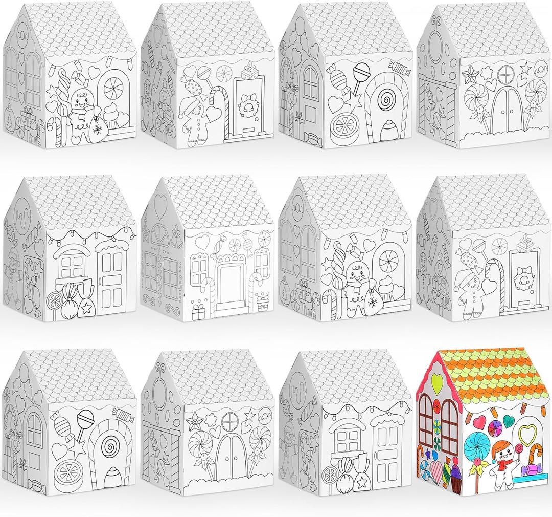 Watersay 12 Pcs Gingerbread Paper Coloring Houses DIY Craft Color Your Own Cardboard Houses Personalize a Cardboard House Christmas Holiday Party Favors Gifts for Girl Boy Classroom Home