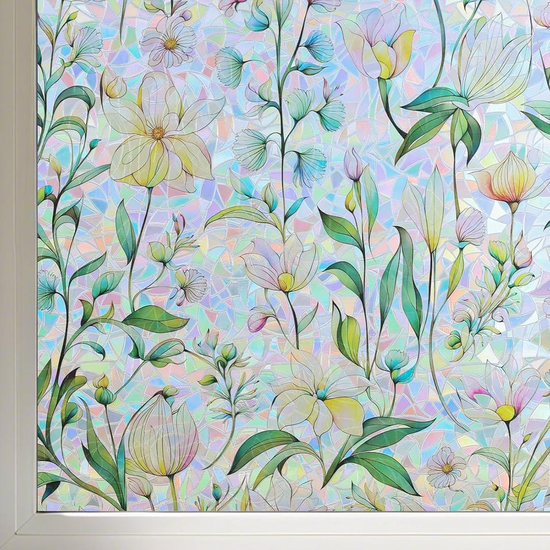 Finnez Stained Glass Window Film, Floral Rainbow Sticker, 23.6″ x 157.4″, 23.6 Inch x 13.1 Feet