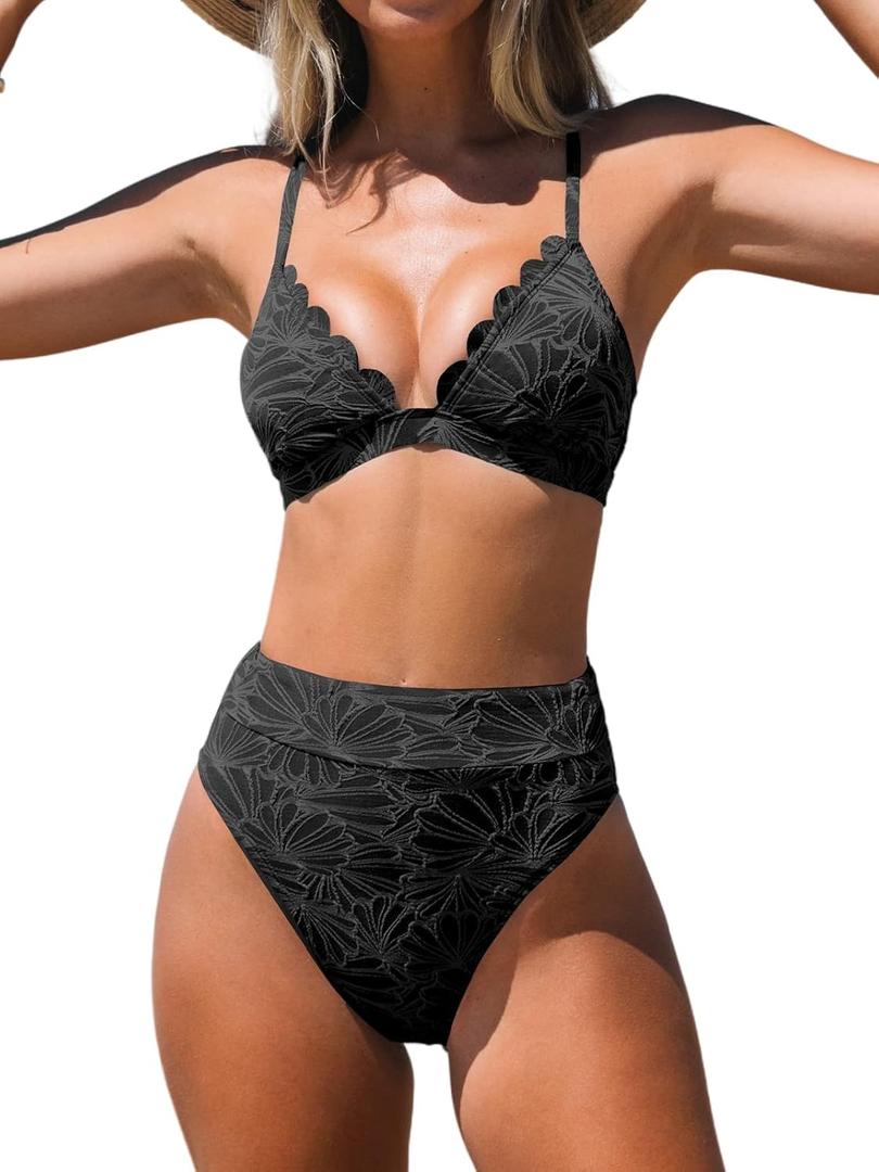 CUPSHE Bikini Set for Women Bathing Suit High Waisted Scalloped V Neck Two Pieces Swimsuit. XL Size