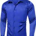 Hi-Tie Mens Satin Dress Shirt Long Sleeve Button Up Casual Luxrury Silk Shiny Prom Party Shirt (Blue, XL)