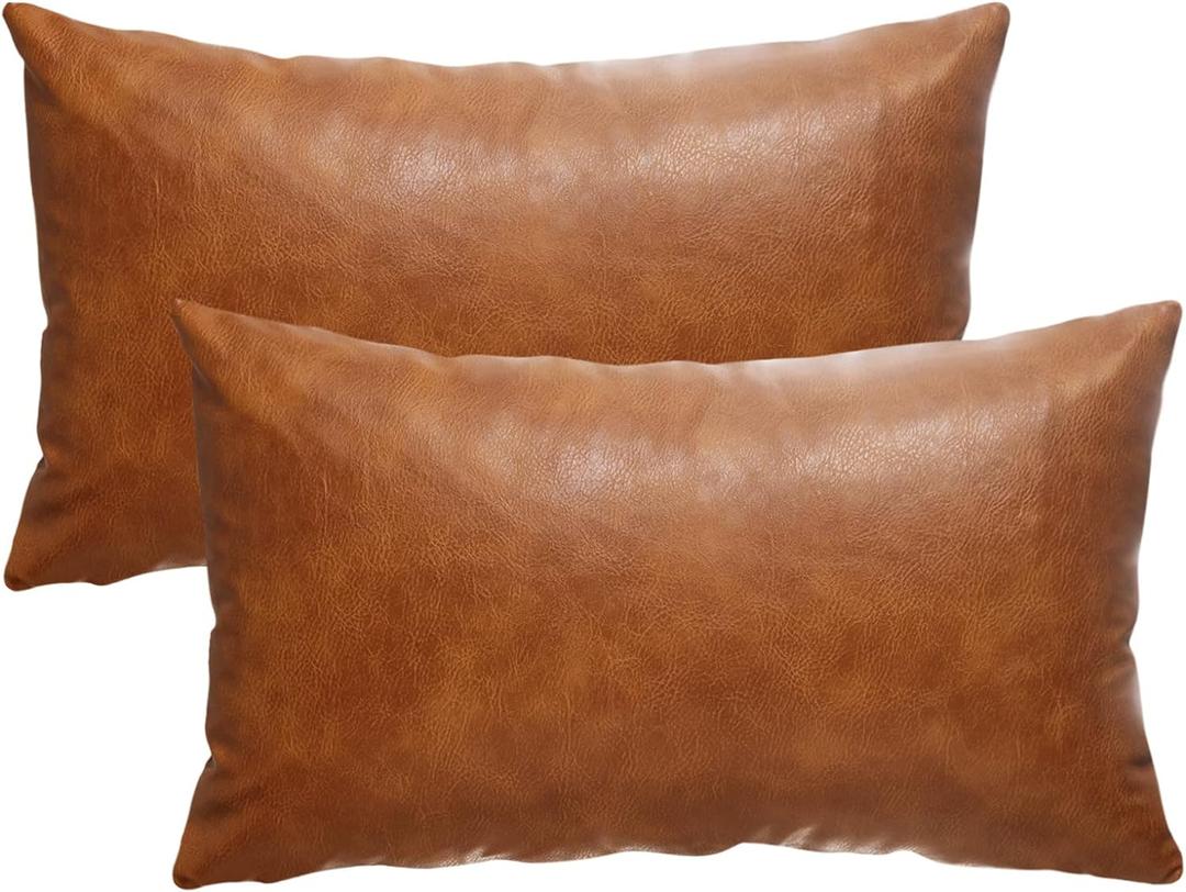 12X20 Inch Brown Faux Leather Throw Pillow Covers Set of 2 Modern Farmhouse Solid Outdoor Lumbar Boho Cognac Pillow Covers for Room Couch Living Bedroom Bed Sofa Decorative