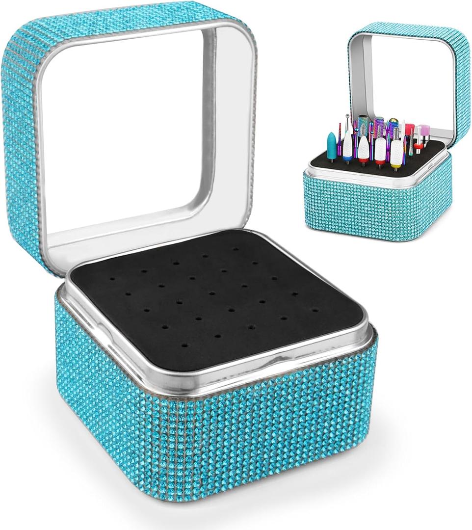 Nail Drill Bits Holder Rhinestone Case Box- 25 Holes Dustproof Portable Storage Box Efile Nail Bits Displayer Organizer Container for Manicure Tools (Lake Blue)