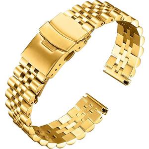 BINLUN Stainless Steel Watch Band Replacement Metal Watch Strap with Double Locking Foldover Clasp for Men Women 20mm in Gold