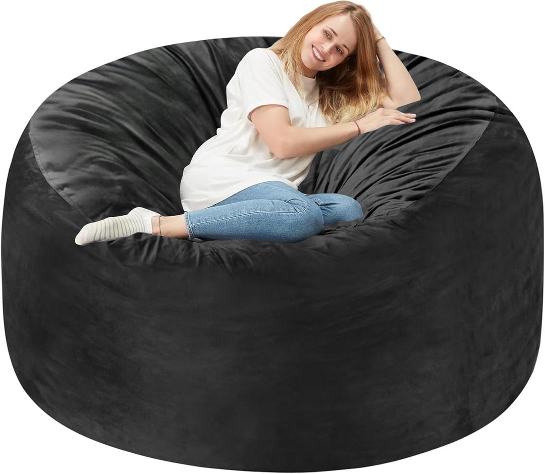 Homguava 5FT Bean Bag Chair Giant BeanBag with Memory Foam Filled, Comfy Bean Bag Chairs for Adults, Adult Bean Bag Chair with Dutch Velvet Cover for Living Room Bedroom-Black (5FT-50"x50"x24")