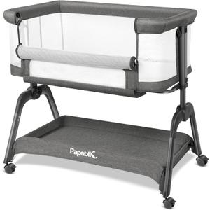 Papablic Baby Bassinet, Bedside Bassinet for Baby with Four-Sided Breathable Mesh & Soft Mattress, Adjustable Bassinet Bedside Sleeper with Storage Basket and Wheels, Easy to Assemble, Gray (Grey)