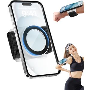 TOPGO Magnetic Running Phone Holder for iPhone, HD Mirror & Extendable Anti-Drop Rope for Gym/Yoga, 360 Rotatable Wrist Phone Holder, Fits iPhone 16 Pro & Android (Black, 2 Straps)