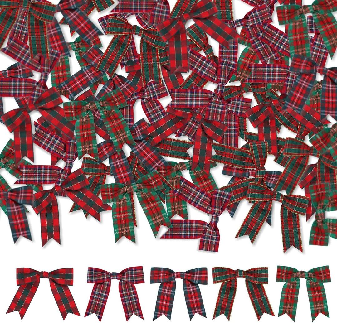 50 Pcs Christmas Gingham Ribbon Bows with Twist Tie Red and Green Buffalo Check Premade Bows for Gift Wrapping Basket Wedding Baby Shower Brithday Party (2.5", Christmas)