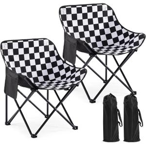 2 Pack Folding Camping Chairs Portable, Black, White, Chessboard, 27.17 x 17.72 x 17.72 inches