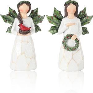 Set of 2 Sparkling Christmas Angel Figurines with Glitter Wings and Festive Accents - 5.1'' Ornaments Perfect for Holiday Decor Christmas Decorations (Xmas Angels)