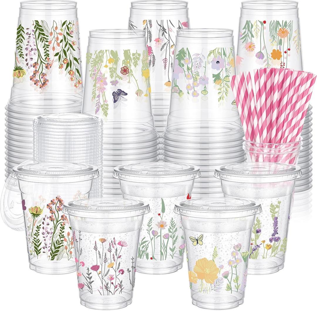FoldTier 100 Pcs Wildflower Cups Plastic with Lids and Straws 12 oz Disposable Floral Drinking Cups for Tea Party Wedding Love in Bloom Baby Shower Bridal Shower Wild Flower Graduation Supplies