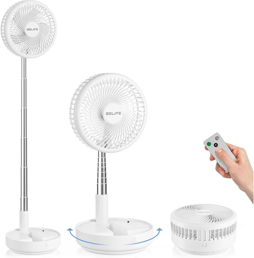 Belife X8 Portable Fan, Cordless 7200mAh Battery Operated Oscillating Fan, USB Rechargeable Desk Floor Fan with Remote, Foldable Telescopic Fan for Home Bedroom Sleeping Office Camping Travel (White)