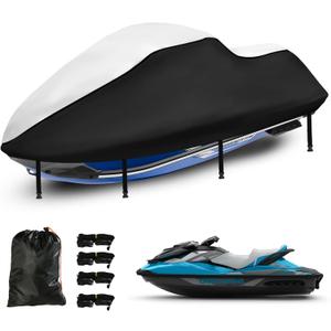 Jetski Waterproof Cover, Upgraded Heavy Duty 420D 3 Seater Jet Ski Cover with 2 Air Vent Marine Grade UV Resistant (136" to 145" Silver Black)