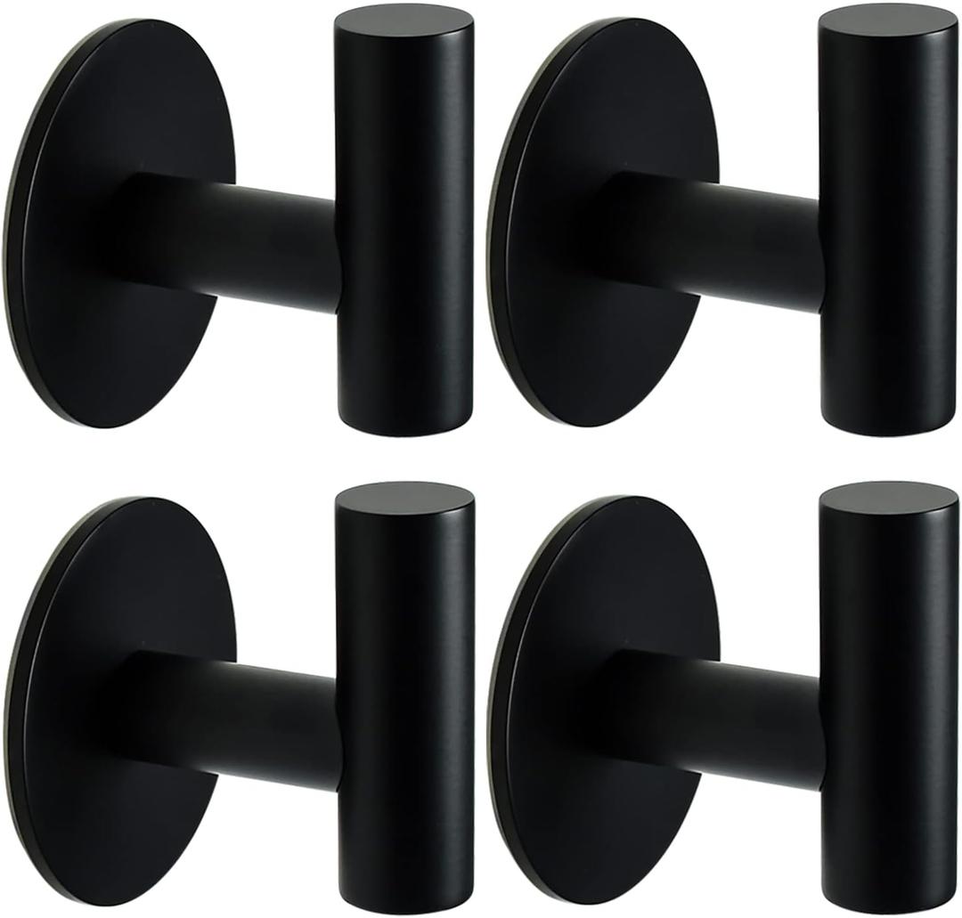 Self Adhesive Towel Hook Matte Black Coat Hook Brushed Nickel SUS304 Stainless Steel Heavy Duty Waterproof Towel Robe Clothes Hook Holder for Bathroom Kitchen Office Hotel Pool Wall Mounted Hook-4Pack