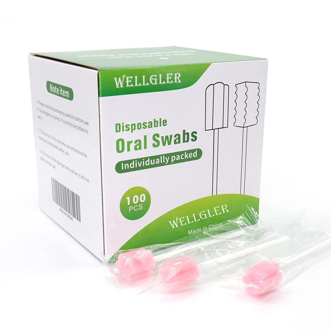 Wellgler's Disposable Oral Care Swabs, Sterile Sponge Mouth Swabs (100pcs, Pink)