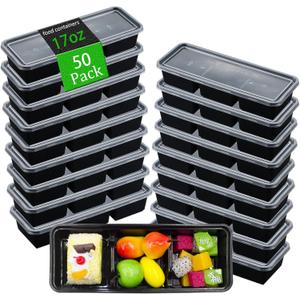 50 Pack 17 Oz Meal Prep Containers with 3 Compartments with lids,Disposable Plastic Bento Boxes Stackable Food Containers Snack,Dessert,Travel Lunch Boxes for Office,Picnic,Microwave Safe (50)