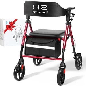 Walkers for Seniors with Seat, Foldable Rollator Walker with Seat, Lightweight Medical Rolling Walker, Dual Height Adjustment, 8" Big Wheels for All Terrain, Ergonomic Arc Seat and Brakes (Red)