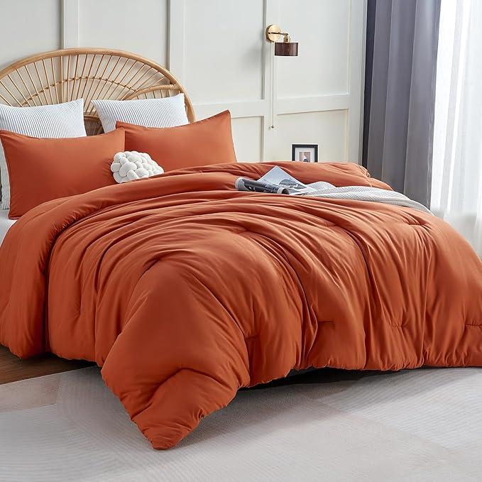 CozyLux Terracotta Comforter Set Twin/Twin XL Size, 2 Pieces Twin Extra Long Solid Burnt Orange Breathable Boho Style Bedding Sets, Luxury Soft Comforter All Season(1 Comforter & 1 Pillowcase)