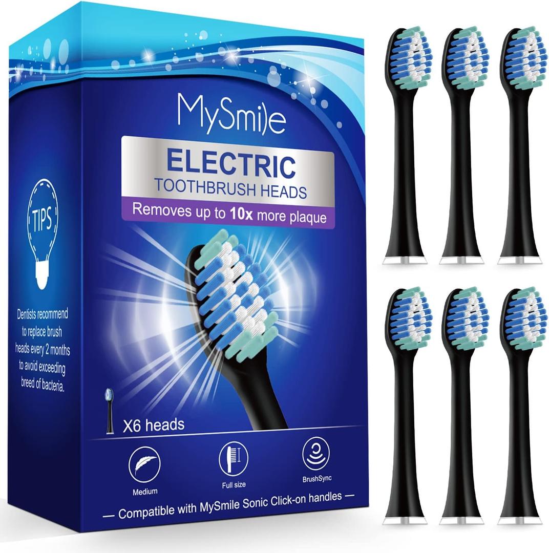 MySmile Electric Toothbrush Replacement Heads, 6 Packs (Black)