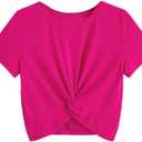 Milumia Girl's Casual Twist Hem Short Sleeve Round Neck Crop Top Tee Shirt (Pink)- 10Y