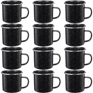 12 Pcs Enamel Camping Mugs Small Coffee Mugs Tea Cups Portable Vintage Campfire Camping Cups Bulk with Handle for Coffee Tea Home Picnic Travel Indoor and Outdoor Activities,12 oz (Black)
