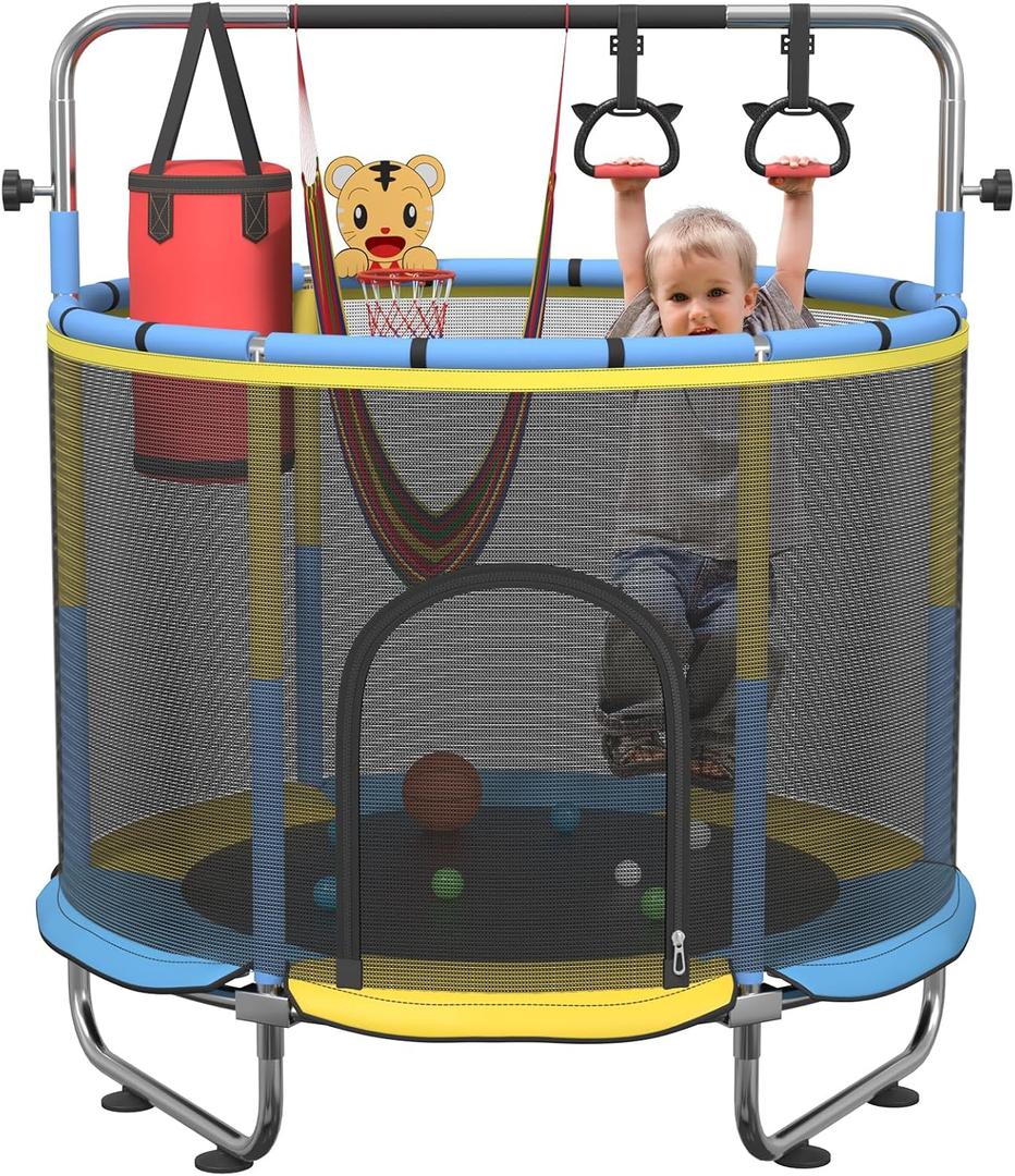 60" Trampoline for Kids, 5FT Mini Indoor and Outdoor Toddler Trampoline with Net, Adjustable Gymnastics Bar & Toys, Birthday Gift for Boy & Girl Age 1-8