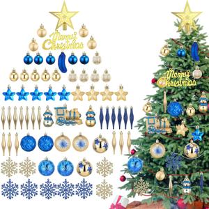 73 Pcs Blue Christmas Tree Ornaments Set Shatterproof Christmas Tree Decoration Star Topper Hanging Ball Snowflake Pickle Ornaments for Party Holiday
