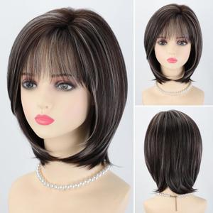 RENERSHOW Layered Short Bob Wig with Bangs Brown with Silver Highlight Medium Length Wigs for Women Heat Synthetic Wig (Average Size,12inch)