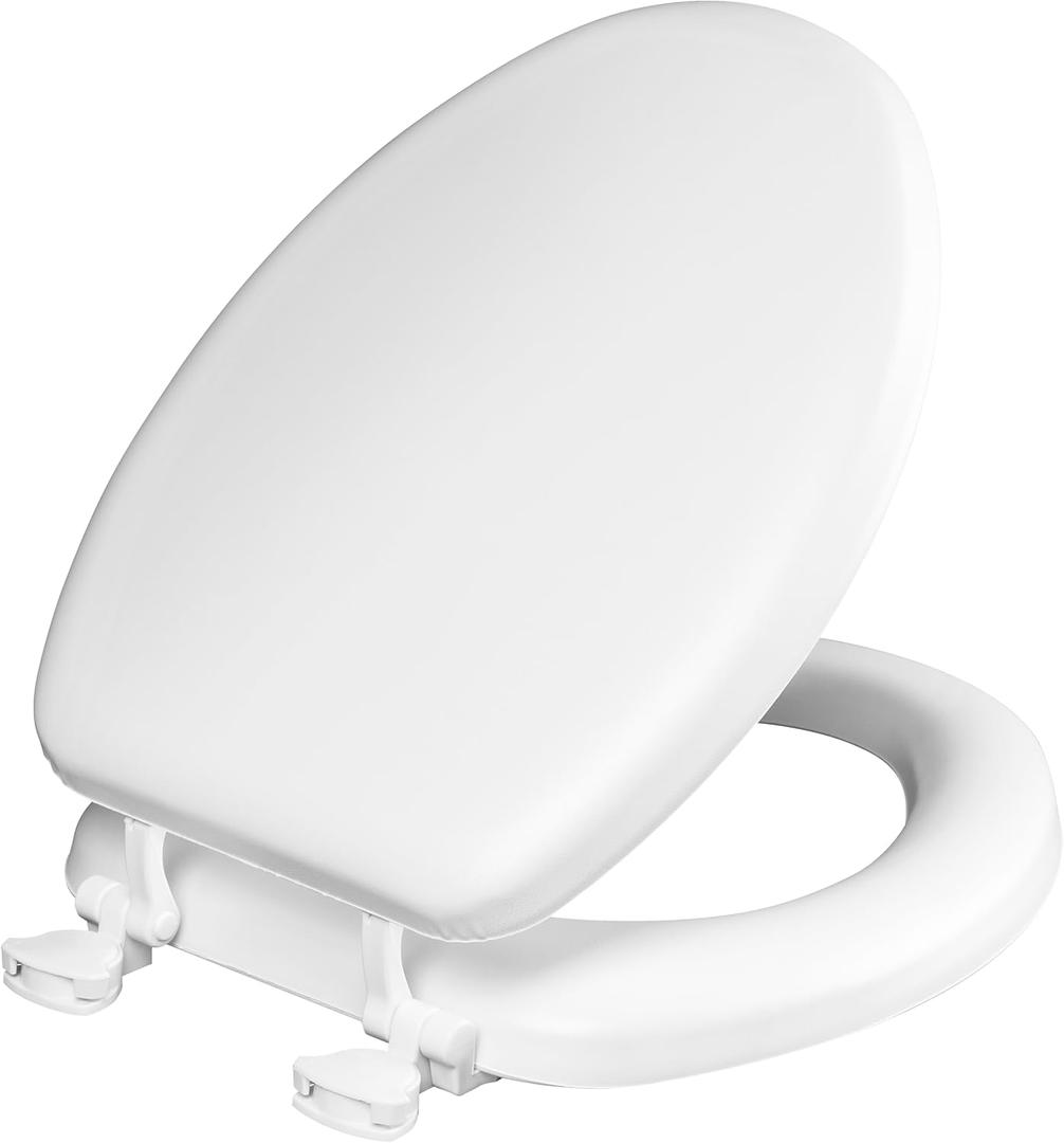 Mayfair Padded Toilet Seat, Cushioned Soft Vinyl over Wood Core Seat, Secure Hinges, Easy Clean, Elongated, White Mayfair Padded Toilet Seat, Cushioned Soft Vinyl over Wood Core Seat, Secure Hinges, Easy Clean, Elongated, White