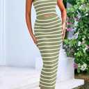 PRETTYGARDEN Womens Summer Beach Sundress Off Shoulder Cut Out Striped Bandeau Bodycon Midi Dress (Striped Army Green White,X-Large) (Green, XL)