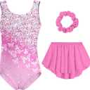 Idgreatim Girls Gymnastic Leotard Ballet Dance Dress Outfit with Removable Skirt Hair Scrunchie Combo 4-11 Years (Pink White)