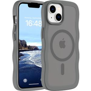 Hualele Magnetic for iPhone 13 & iPhone 14 Case, Compatible with MagSafe, Military Grade Dropproof Translucent Matte Back Cute Curly Wave Edge Slim Phone Case,Grey