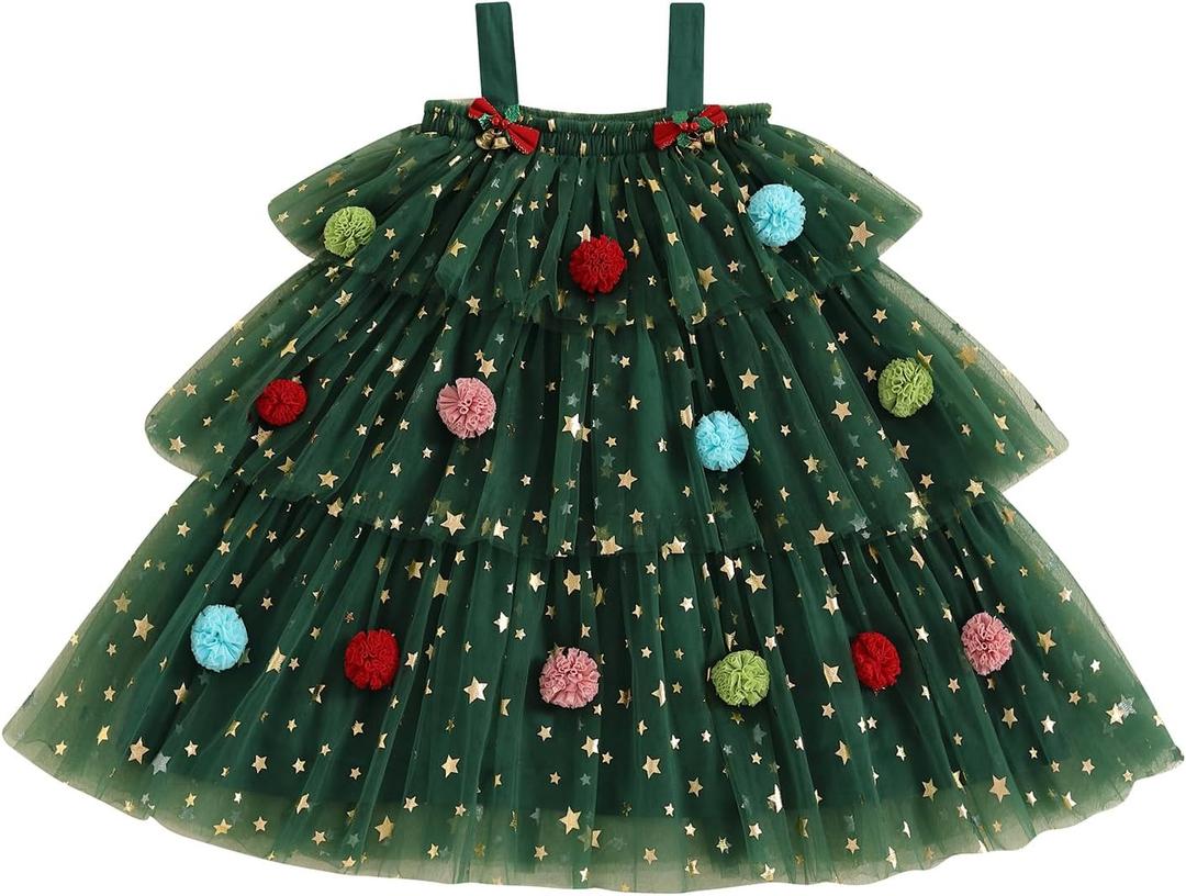 Toddler Girl Christmas Dress Green Xmas Tree Shiny Star Pompom Embroidery Tulle Tutu Princess Dress Holiday Photo (Green) 2-3Y