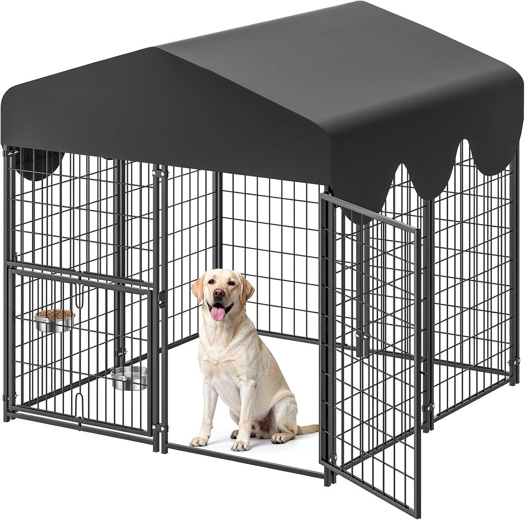 4x4x4.5ft Outdoor Dog Kennel, Metal Heavy Duty Dog Run with Rotating Door & 2 Adjustable Bowls, Dog Kennel Outside with Waterproof Cover, Pet Enclosure Indoor for Small/Medium/Large Dogs