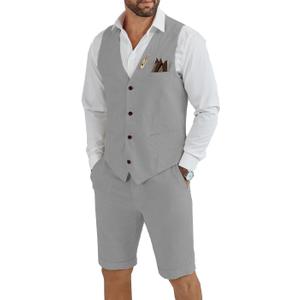 Men's Linen 2 Piece Suit Slim Fit Wedding Groom Groomsmen Summer Vest Shorts Set (X-Large, Gray)
