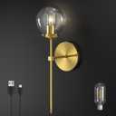 C03 Battery Operated Wall Sconce No Wired Rechargeable Wall Lamp with Clear Glass Shade Easy to Install Cordless Wall Light Fixtures for Bathroom Hallway Kitchen Mirror Gold(Bulb Included) (Brass 2)
