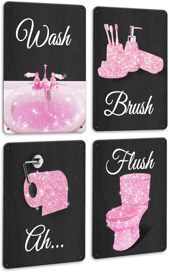 PHOPAGO 4pcs Fashion Bathroom Wall Metal Sign Decor Pink Glam Women Bathroom Art 12x8 Inch Wash Brush Flush Funny Signs Hanging Decoration