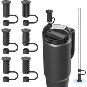 6 Pcs Straw Cover Caps with Suction Base, 0.4in/10mm Straw Toppers for Stanley Cup 30/40 oz, Black