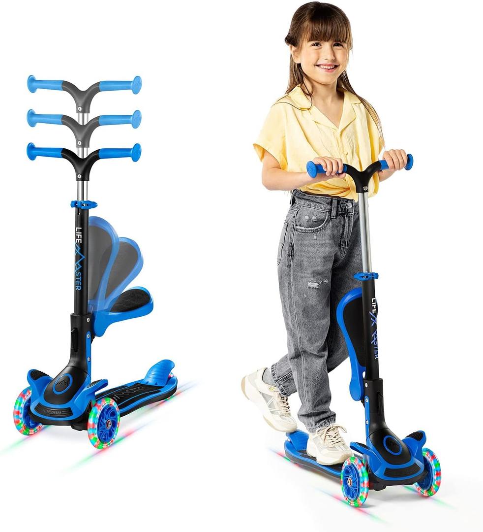 Kids Scooter  Foldable Seat  LED Wheel Lights Illuminate When Rolling  Children and Toddler 3 Wheel Kick Scooter  Adjustable Handlebar  Indoor and Outdoor- by Lifemaster (Blue)