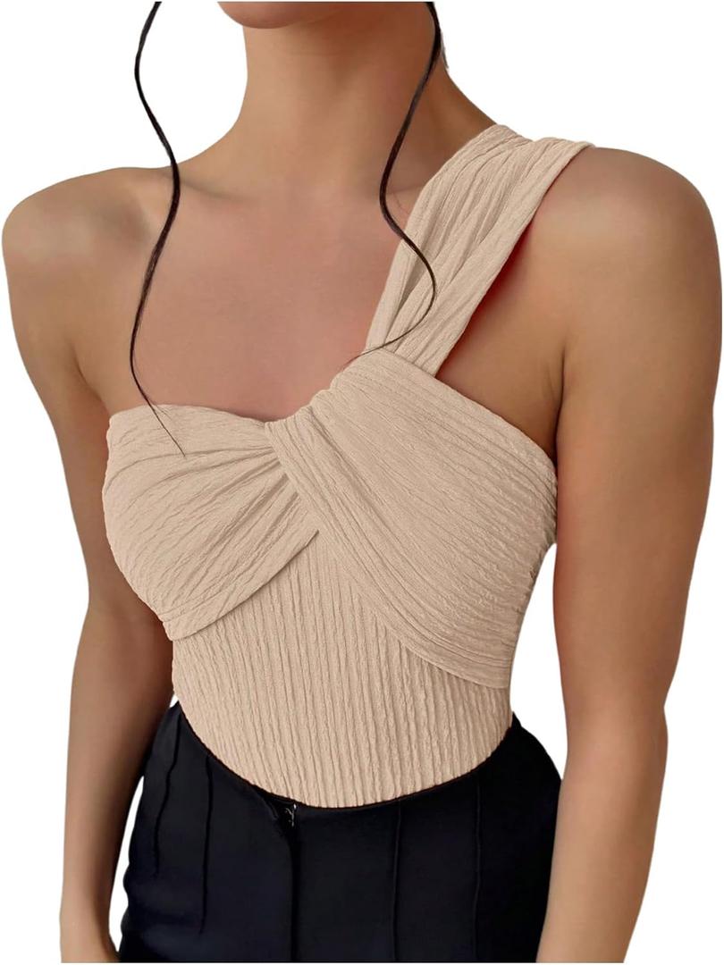 OYOANGLE Women's Textured One Shoulder Going Out Bodysuit Tops Twist Front Ruched Sleeveless Tank Top Body Suits (Apricot), XS