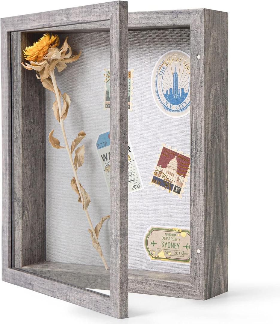 Califortree 8x10 Shadow Box Frame with Linen Back - Sturdy Memory Display Case of Flower, Pictures, Medals and More, Rustic Gray