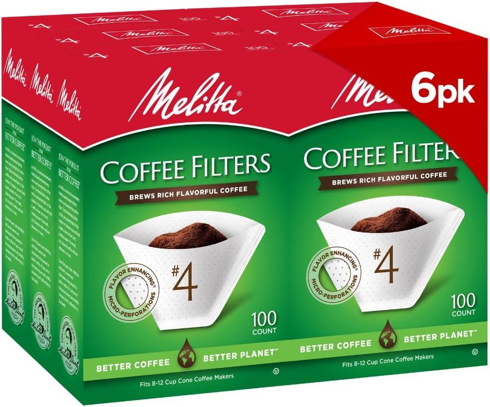 Melitta #4 Cone Coffee Filters, White, 100 Count (Pack Of 6), 600 Total Filters - Fits all 8-12 Cup Cone Coffee Makers and Pour-Overs, Compostable, Tear-Resistant, Made in USA