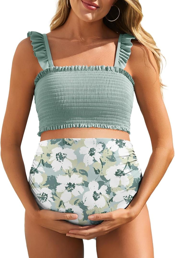 Summer Mae Maternity High Waist Bikini Swimsuit Two Piece Ruffled Hem Cute Bathing Suit Floral Pregnancy Swimwear (Large, Solitary Silhouette Bloom)