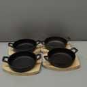 Sliner 4 Sets Mini Cast Iron Skillet Small Cast Iron Plates Skillet with Wooden Base Small Round Pan Fajita Plate Pot for Baking Cooking(3.9 Inch)